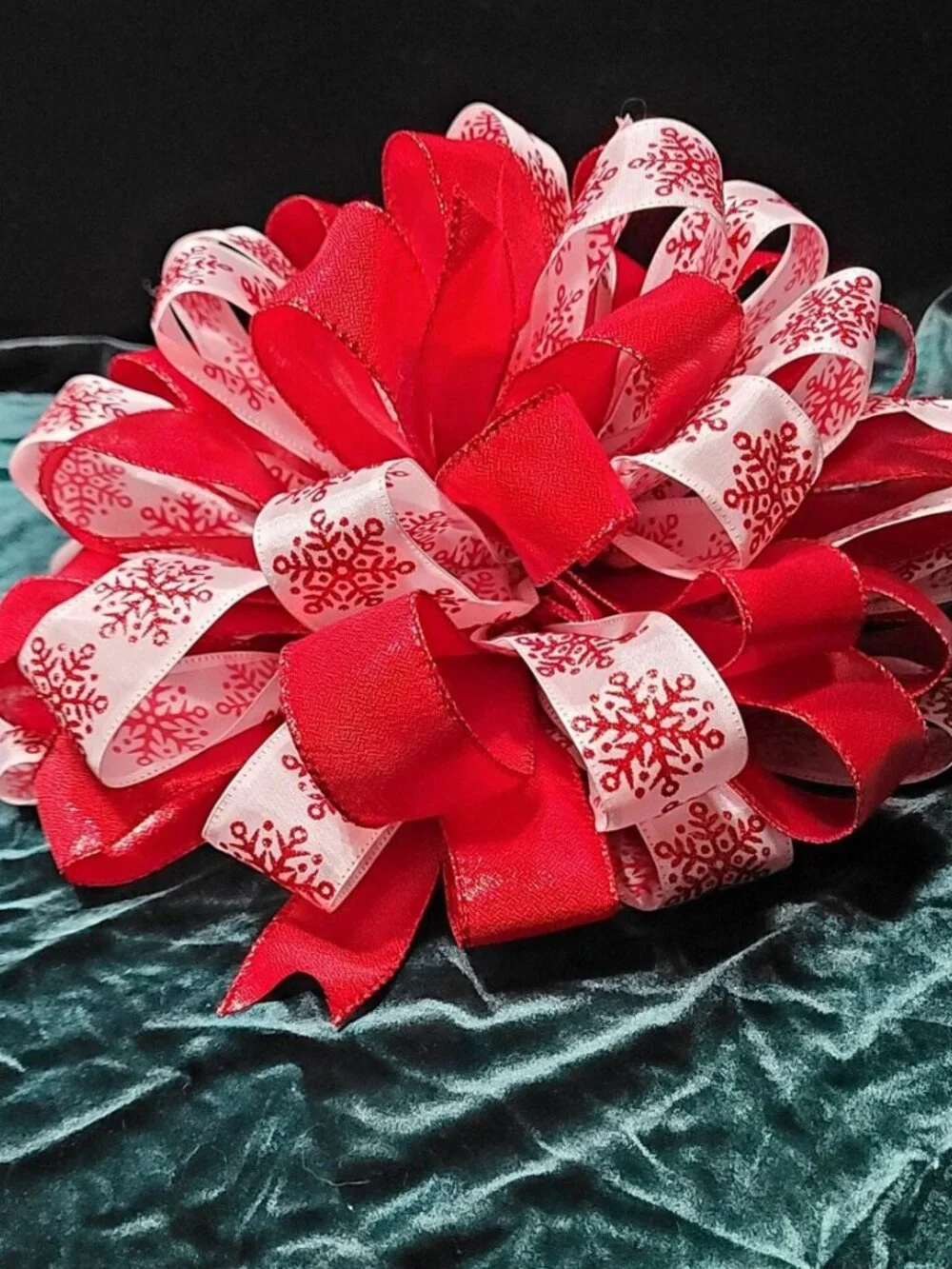 Christmas Tree Bow Topper, Red Snowflake and Red Ribbon Tree Topper 44 Loop Bow